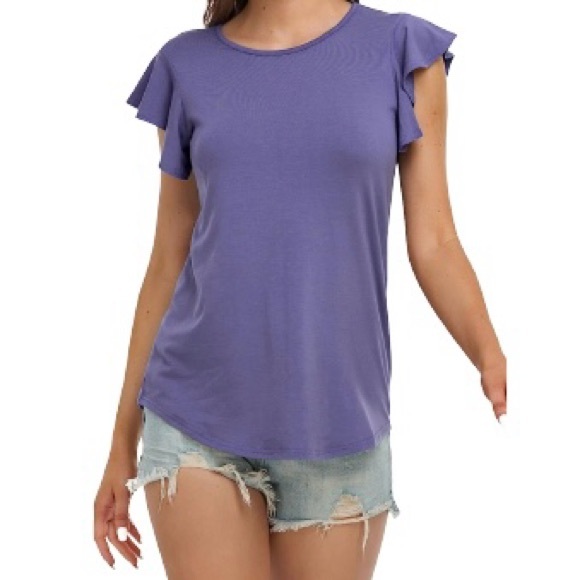 NWT- Women's Casual Round Neck Ruffle Sleeve Loose Tops in Purple Gray - Picture 2 of 10
